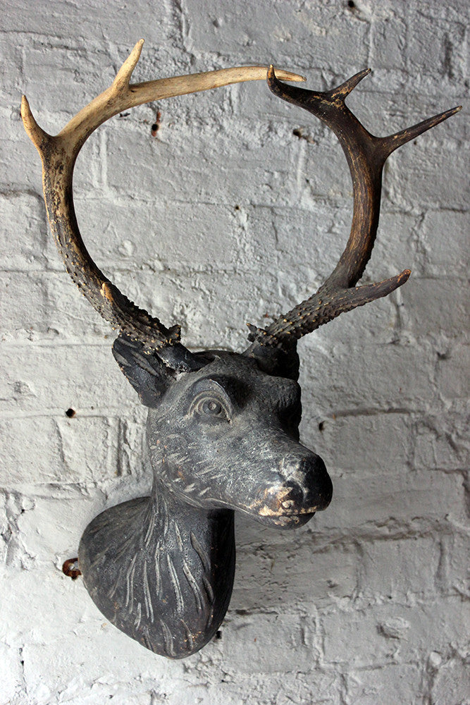 A Good Early Bavarian Carved & Painted Antler Mounted Stag Head Wall Trophy c.1800