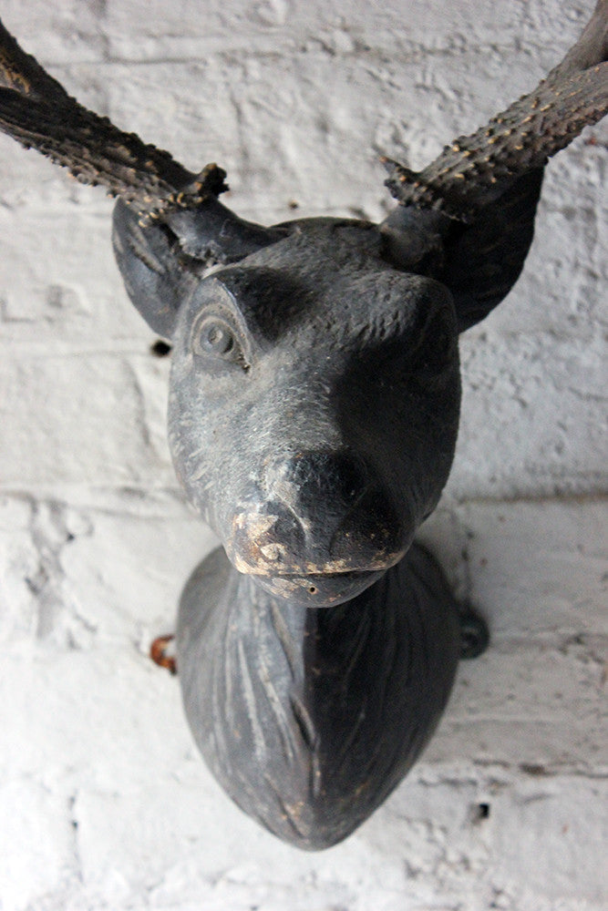 A Good Early Bavarian Carved & Painted Antler Mounted Stag Head Wall Trophy c.1800