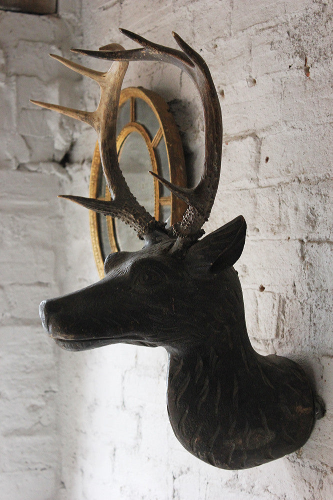 A Good Early Bavarian Carved & Painted Antler Mounted Stag Head Wall Trophy c.1800