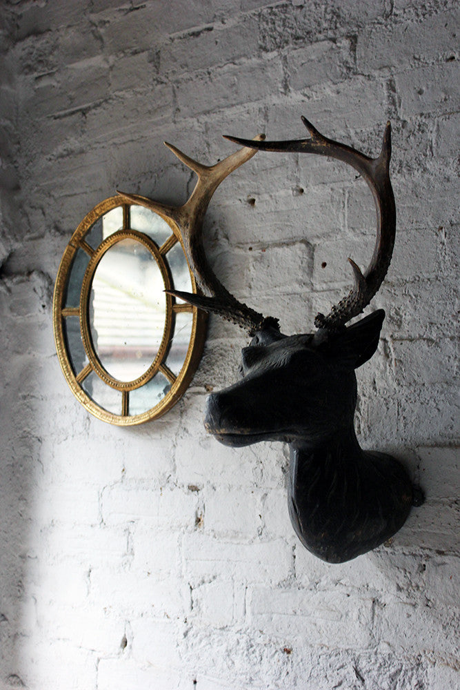 A Good Early Bavarian Carved & Painted Antler Mounted Stag Head Wall Trophy c.1800