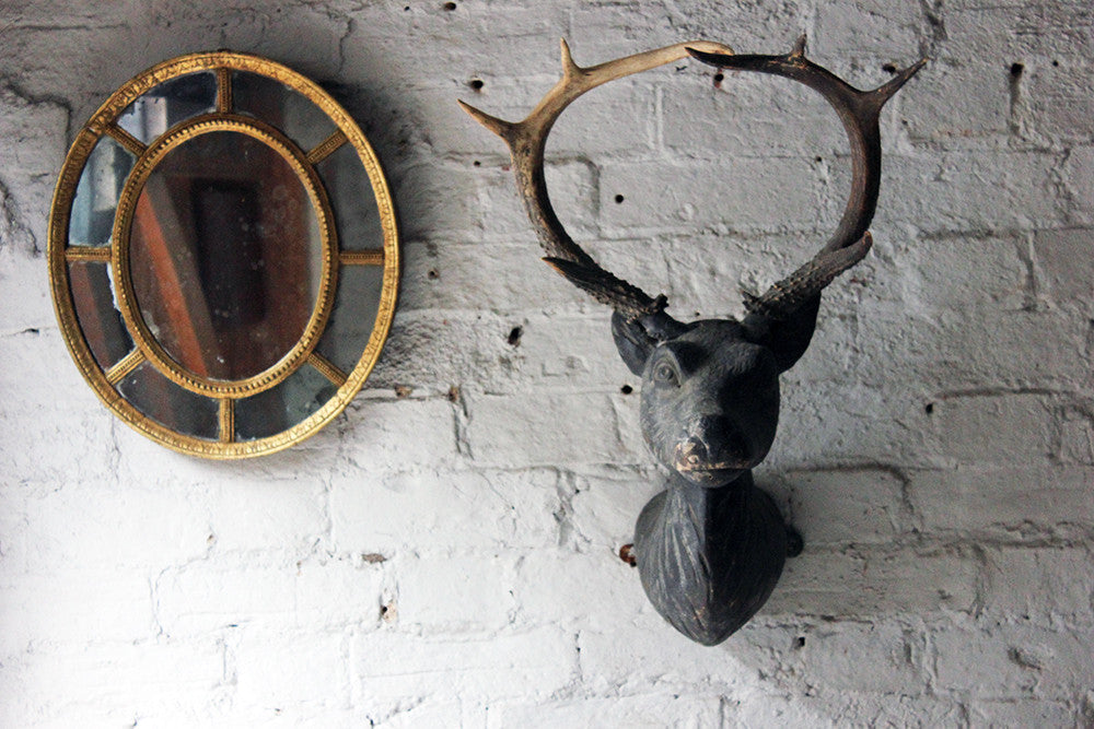 A Good Early Bavarian Carved & Painted Antler Mounted Stag Head Wall Trophy c.1800