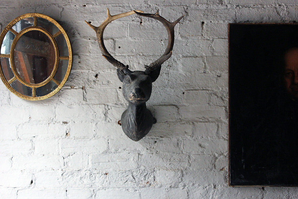 A Good Early Bavarian Carved & Painted Antler Mounted Stag Head Wall Trophy c.1800