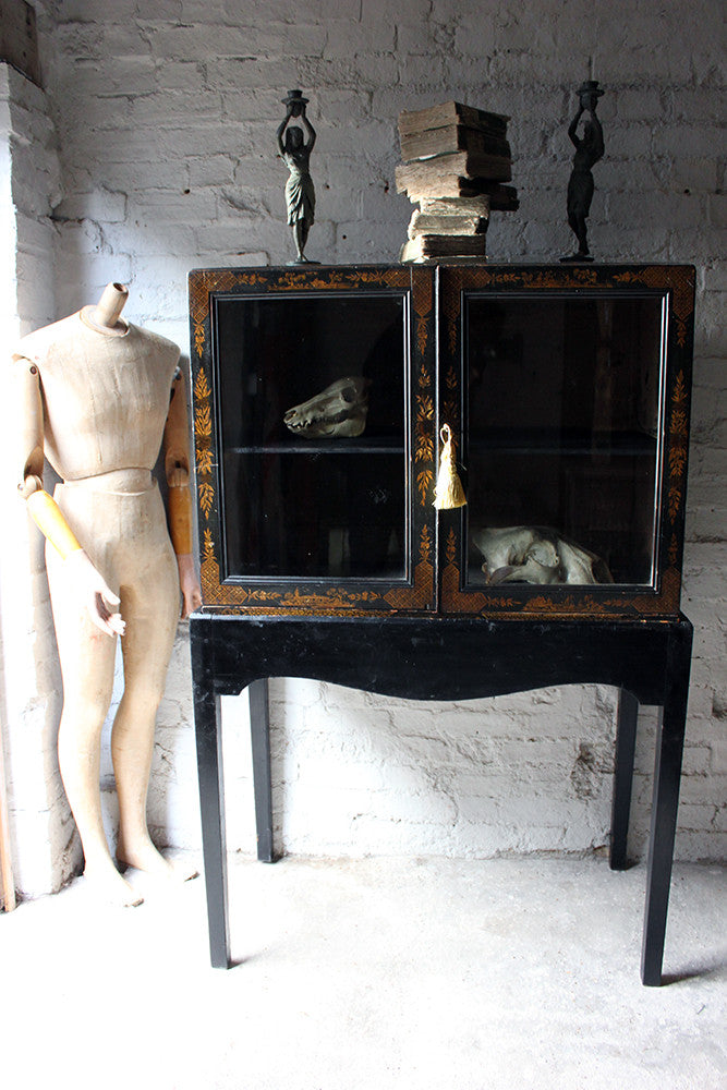 A Good Regency Period Black Japanned & Chinoiserie Decorated Display Cabinet on Stand
