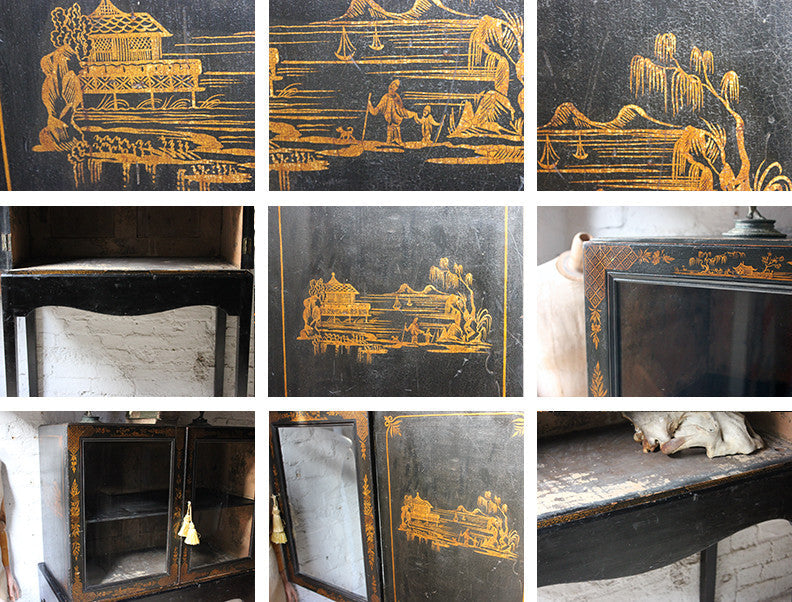 A Good Regency Period Black Japanned & Chinoiserie Decorated Display Cabinet on Stand