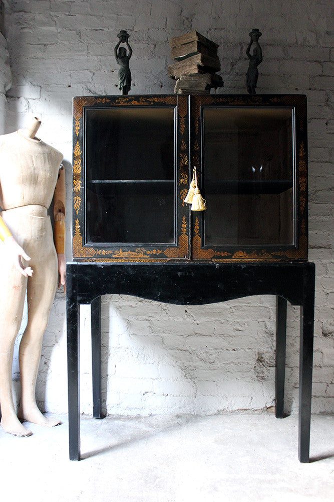A Good Regency Period Black Japanned & Chinoiserie Decorated Display Cabinet on Stand