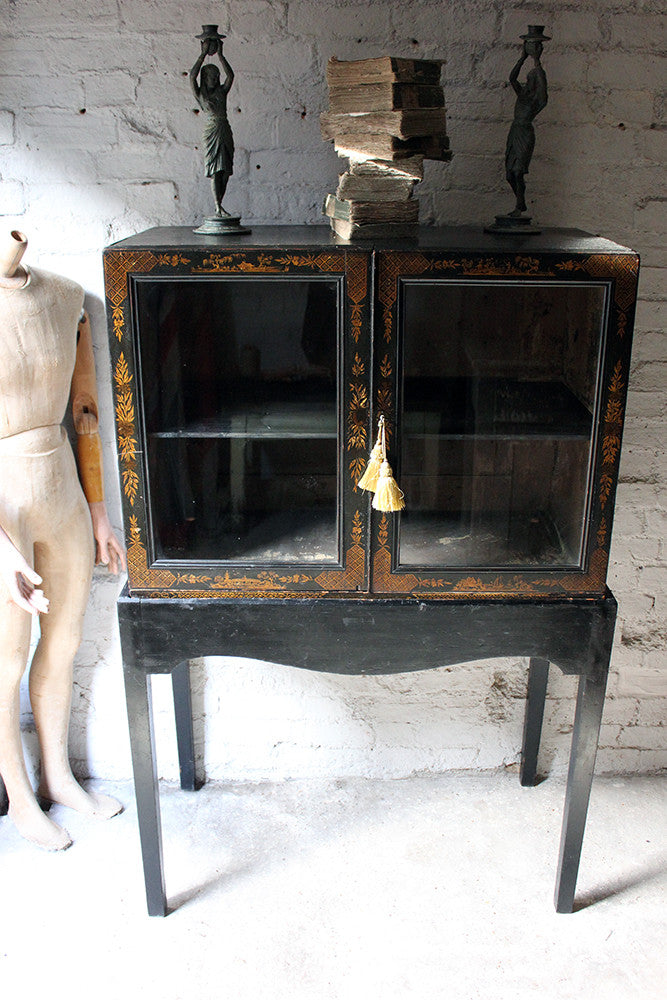 A Good Regency Period Black Japanned & Chinoiserie Decorated Display Cabinet on Stand