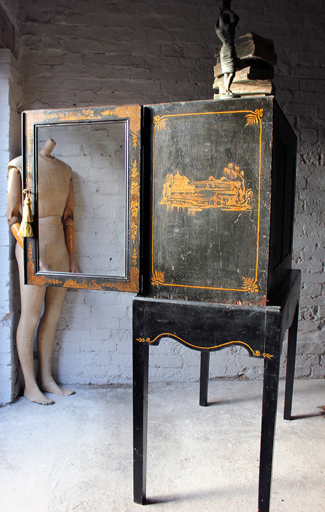 A Good Regency Period Black Japanned & Chinoiserie Decorated Display Cabinet on Stand