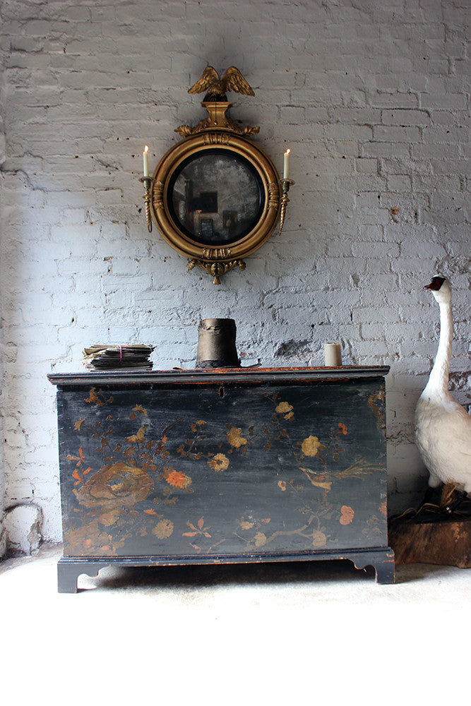 A Decorative c.1810 & Later Black Japanned & Chinoiserie Decoupage Decorated Pine Chest