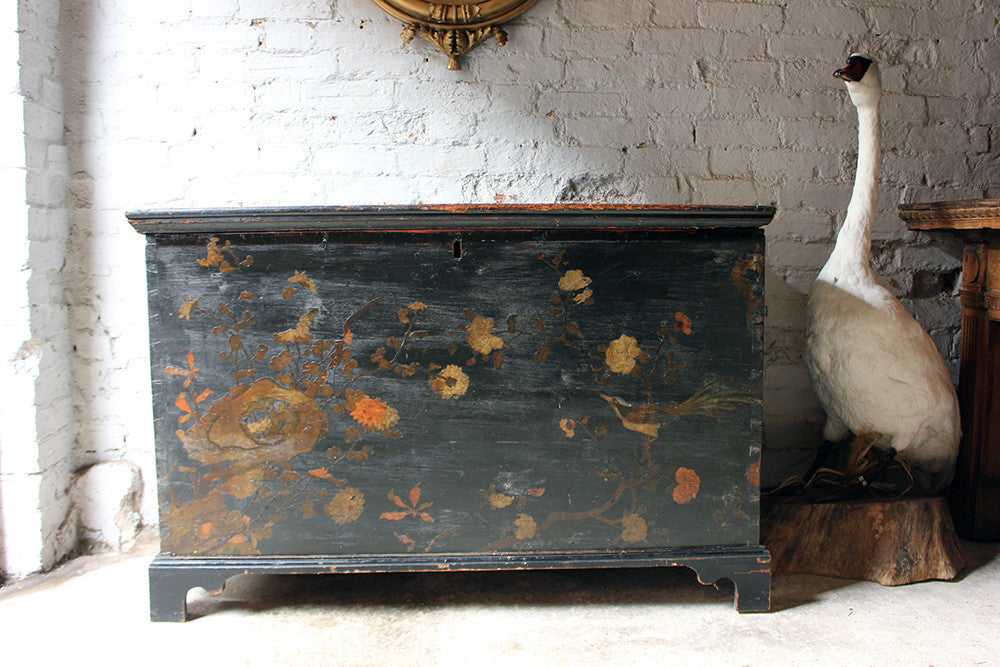 A Decorative c.1810 & Later Black Japanned & Chinoiserie Decoupage Decorated Pine Chest