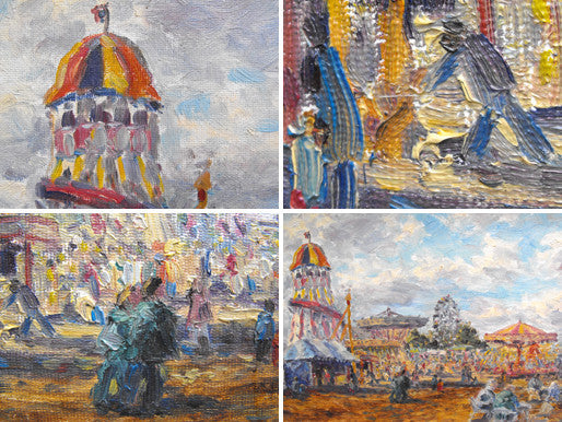 A Charismatic Early 20thC Oil Painting on Board; Fairground Scene by L.O. Udall (b. 1900)