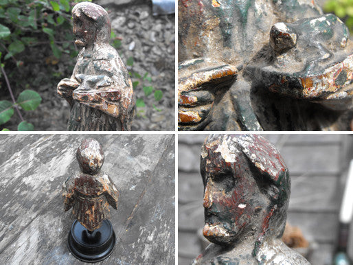 A Fine 17thC Wooden Carved & Polychromed Priest Figurine & Frog on Stand