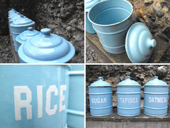 A Good Set of Nine Vintage Enamel Kitchen Storage Canisters
