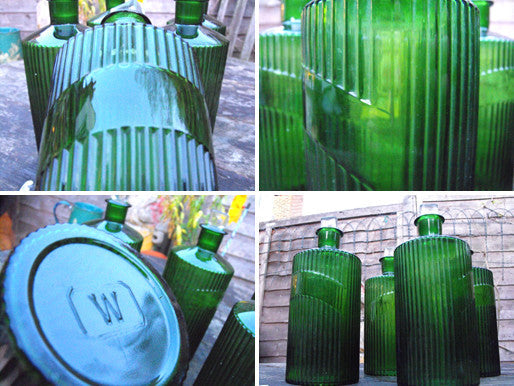 A Good Quintet of Late 19thC Fluted Green Glass Apothecary Bottles