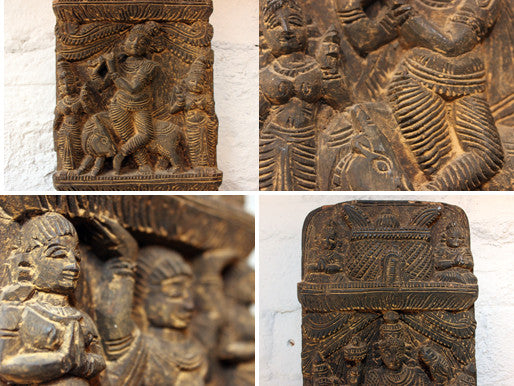 A Beautiful 19thC Gupta Style Indian Carved Wooden Rectangular Panel