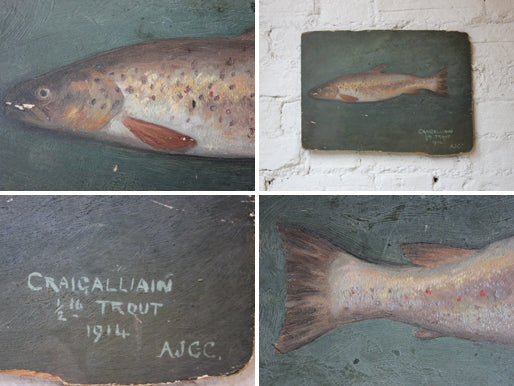 A Charming c.1914 Naive English School Oil on Board; Craigalliain Half Pound Trout