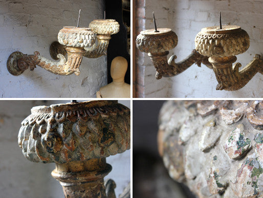 A Good Pair of Louis XVI/Empire Period French Polychrome Painted & Carved Wall Sconce Pricket Torchères