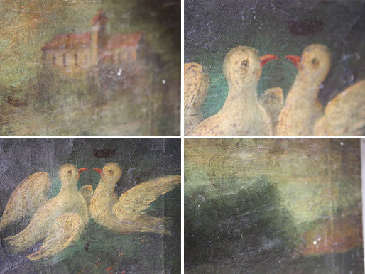A Charming Mid 19thC American Naïve School Oil on Canvas; Doves Amongst a Landscape