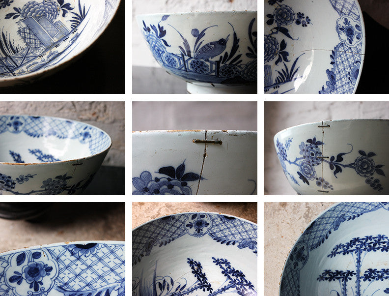 A Beautiful Large Rivet Repaired Lambeth Blue & White Delft Punch Bowl c.1760
