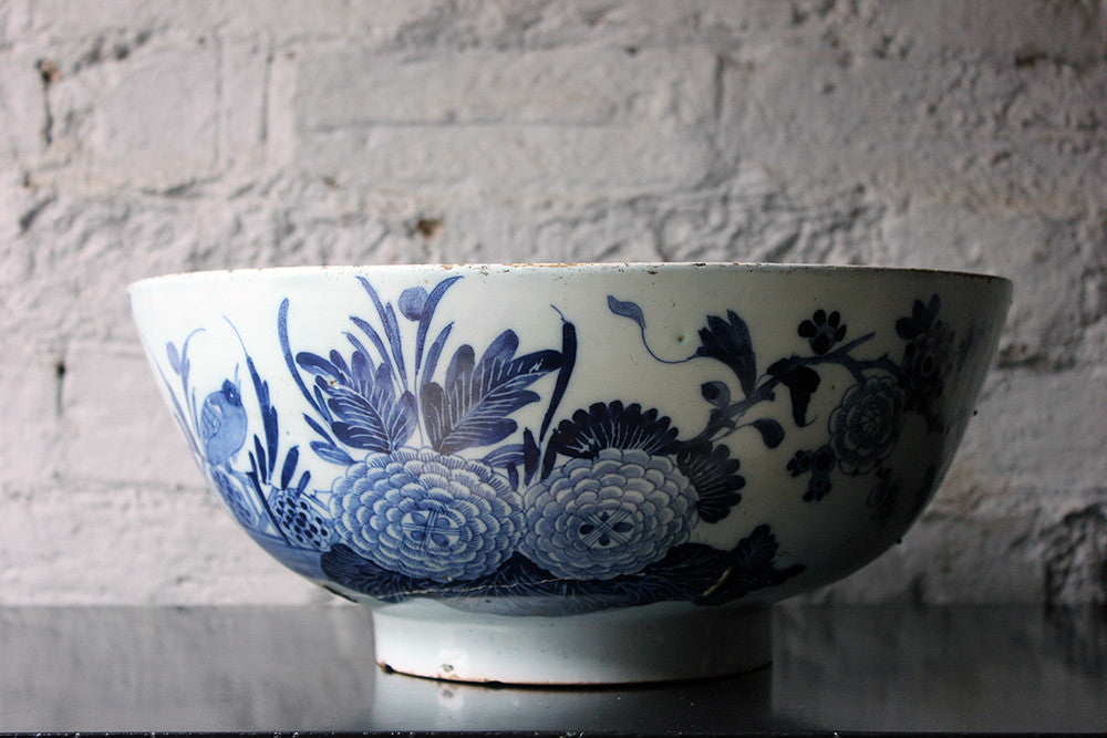 A Beautiful Large Rivet Repaired Lambeth Blue & White Delft Punch Bowl c.1760