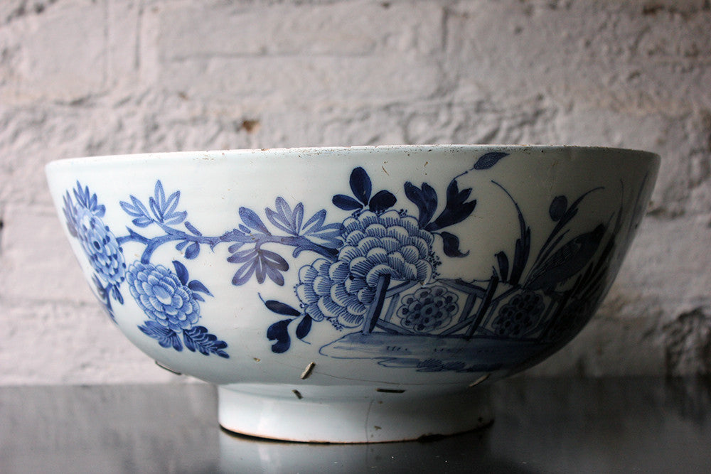 A Beautiful Large Rivet Repaired Lambeth Blue & White Delft Punch Bowl c.1760