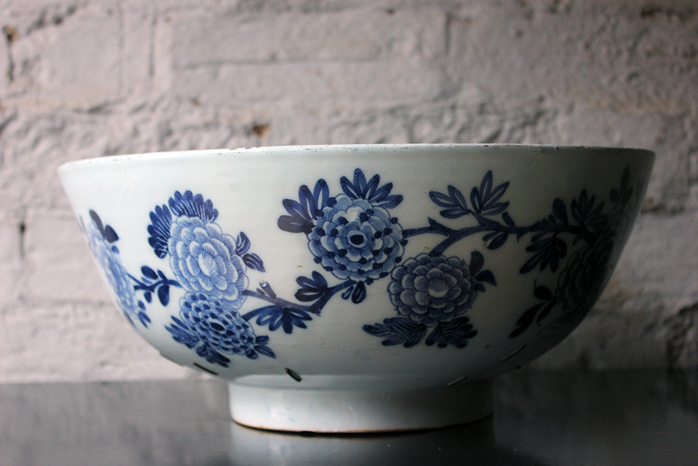 A Beautiful Large Rivet Repaired Lambeth Blue & White Delft Punch Bowl c.1760