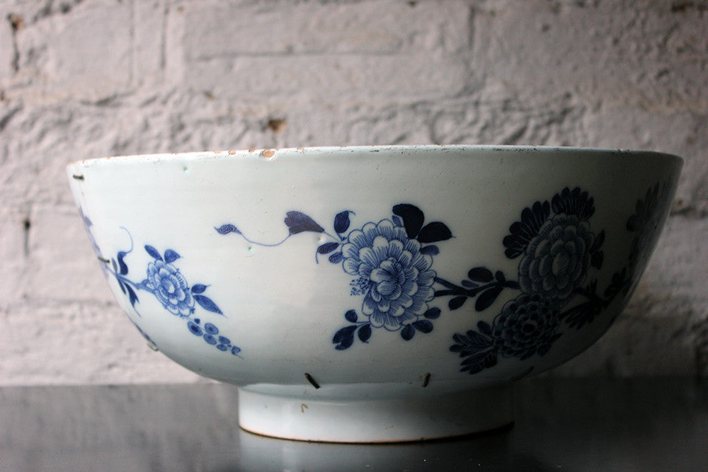 A Beautiful Large Rivet Repaired Lambeth Blue & White Delft Punch Bowl c.1760