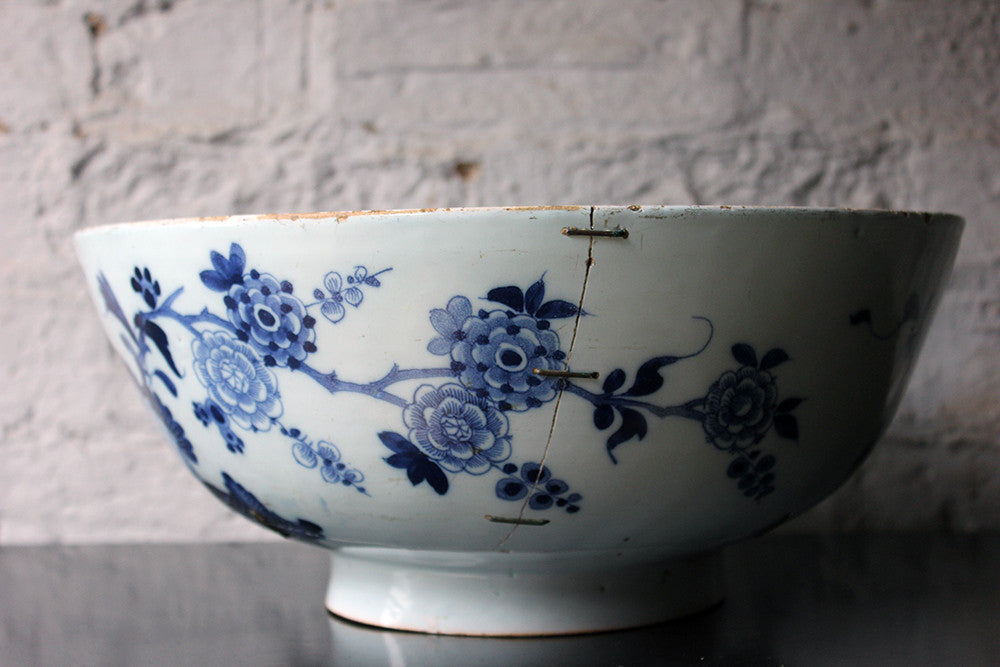 A Beautiful Large Rivet Repaired Lambeth Blue & White Delft Punch Bowl c.1760