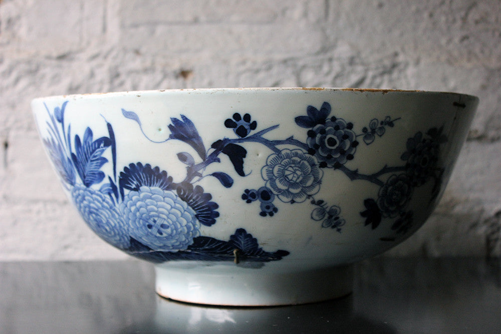 A Beautiful Large Rivet Repaired Lambeth Blue & White Delft Punch Bowl c.1760