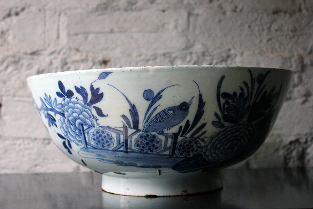 A Beautiful Large Rivet Repaired Lambeth Blue & White Delft Punch Bowl c.1760