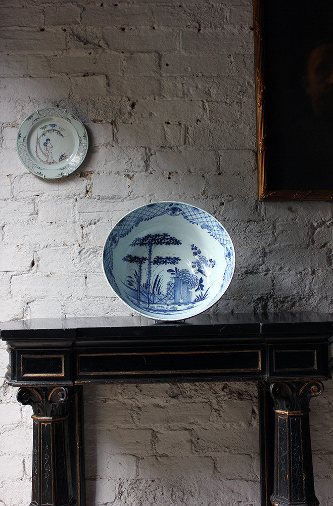 A Beautiful Large Rivet Repaired Lambeth Blue & White Delft Punch Bowl c.1760