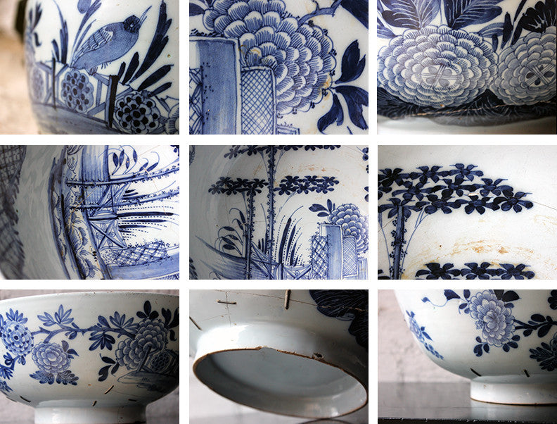 A Beautiful Large Rivet Repaired Lambeth Blue & White Delft Punch Bowl c.1760