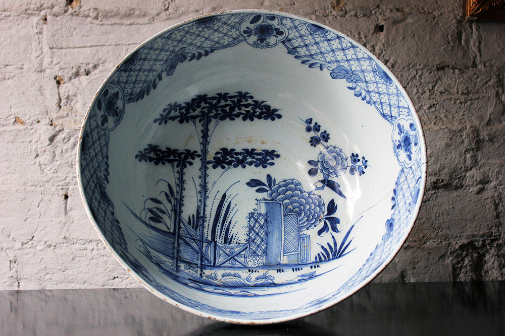 A Beautiful Large Rivet Repaired Lambeth Blue & White Delft Punch Bowl c.1760