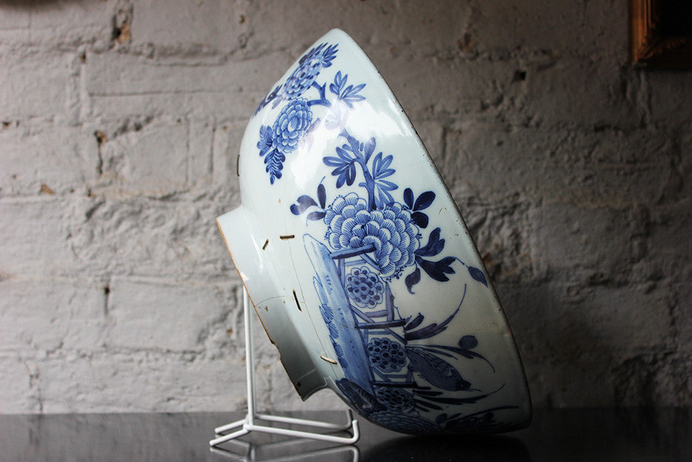 A Beautiful Large Rivet Repaired Lambeth Blue & White Delft Punch Bowl c.1760