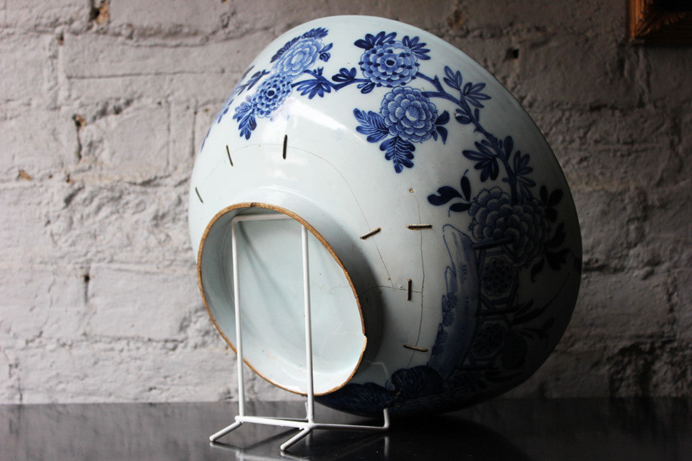 A Beautiful Large Rivet Repaired Lambeth Blue & White Delft Punch Bowl c.1760