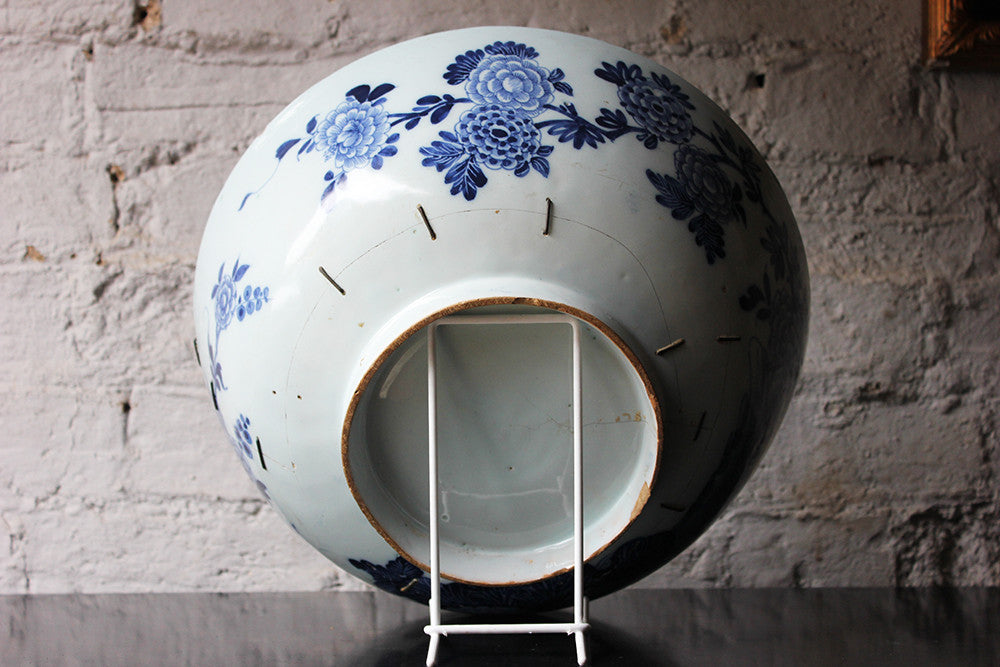 A Beautiful Large Rivet Repaired Lambeth Blue & White Delft Punch Bowl c.1760