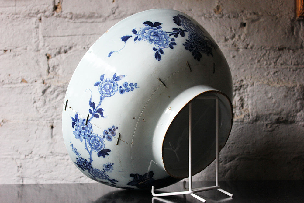 A Beautiful Large Rivet Repaired Lambeth Blue & White Delft Punch Bowl c.1760