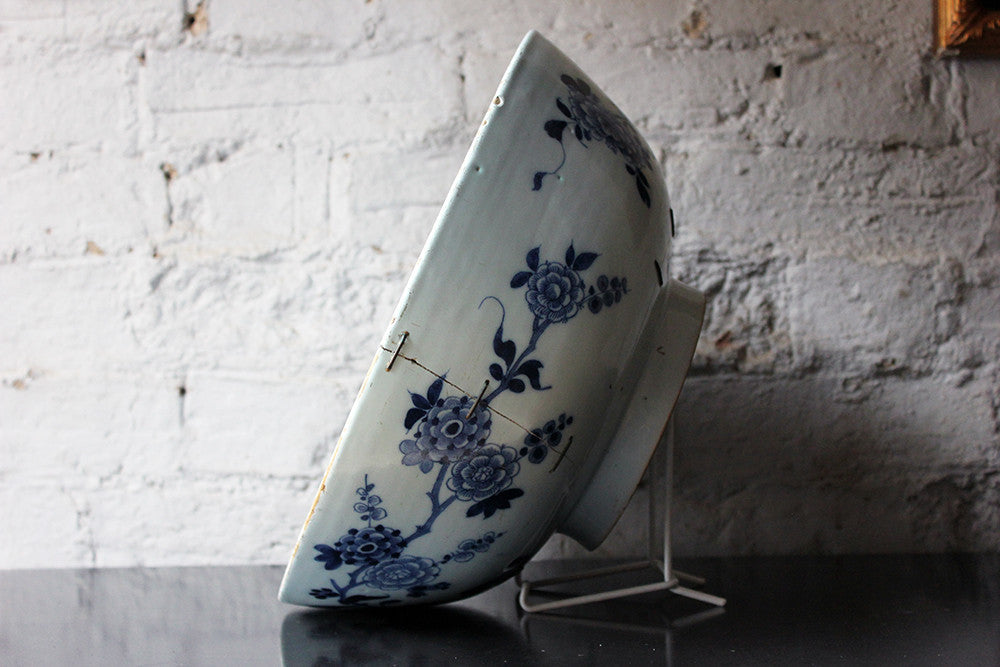A Beautiful Large Rivet Repaired Lambeth Blue & White Delft Punch Bowl c.1760