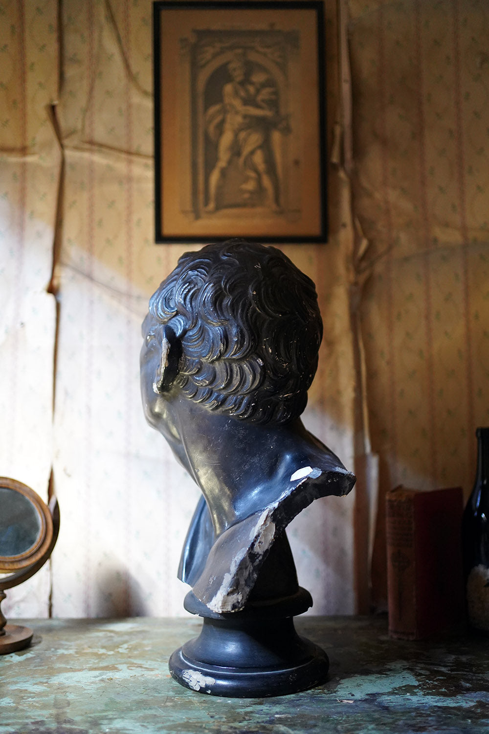 A 19thC Black Painted Plaster Library Bust of Demosthenes; Wormington Grange