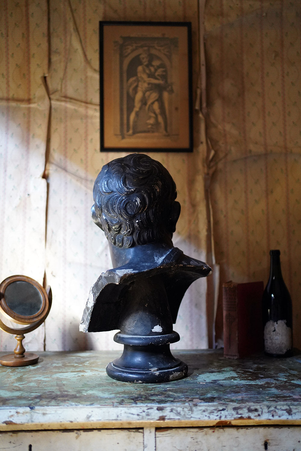 A 19thC Black Painted Plaster Library Bust of Demosthenes; Wormington Grange