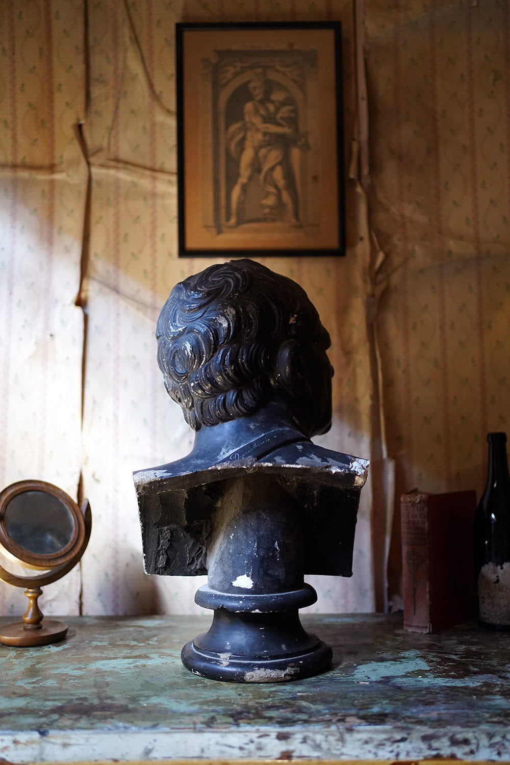 A 19thC Black Painted Plaster Library Bust of Demosthenes; Wormington Grange