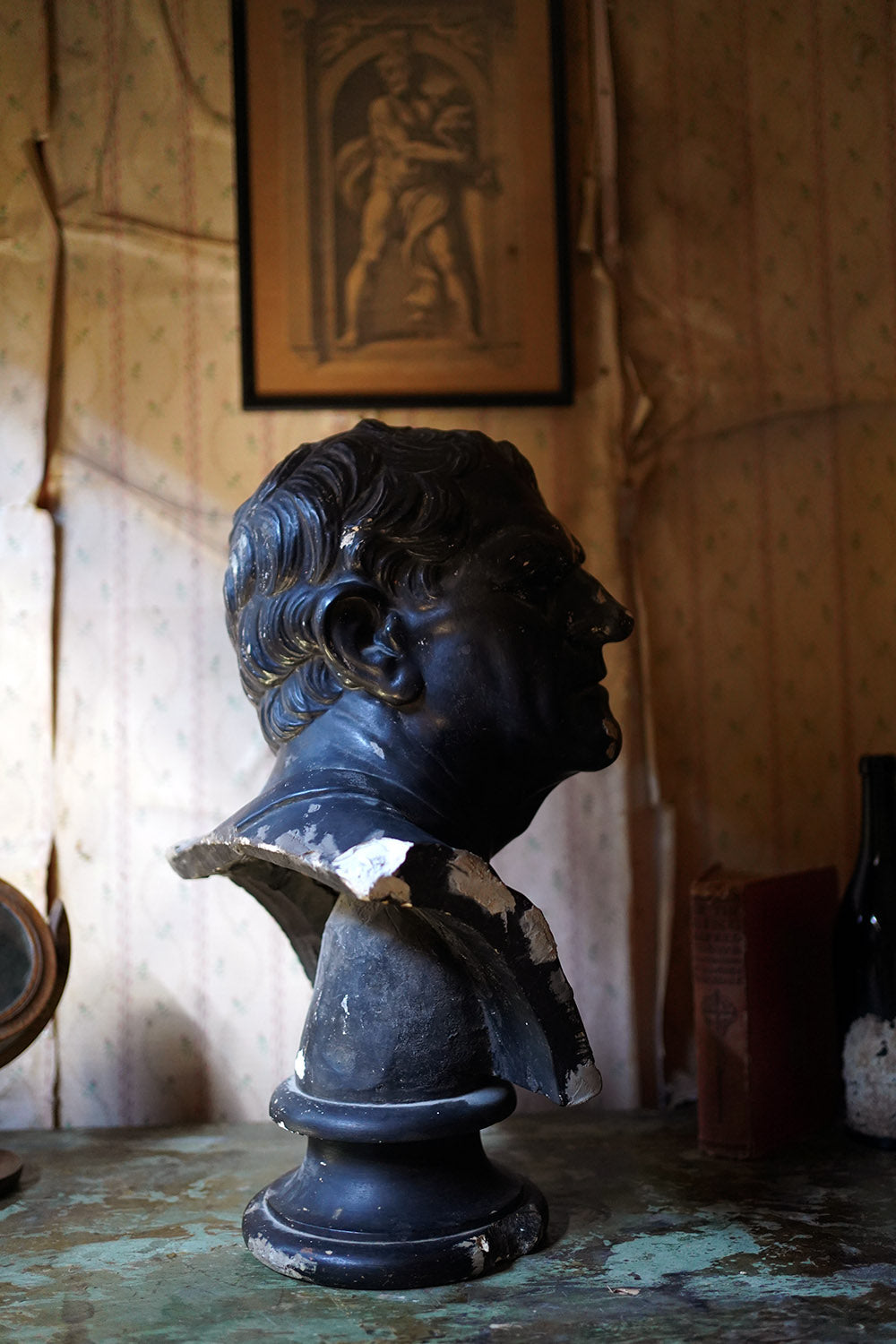 A 19thC Black Painted Plaster Library Bust of Demosthenes; Wormington Grange