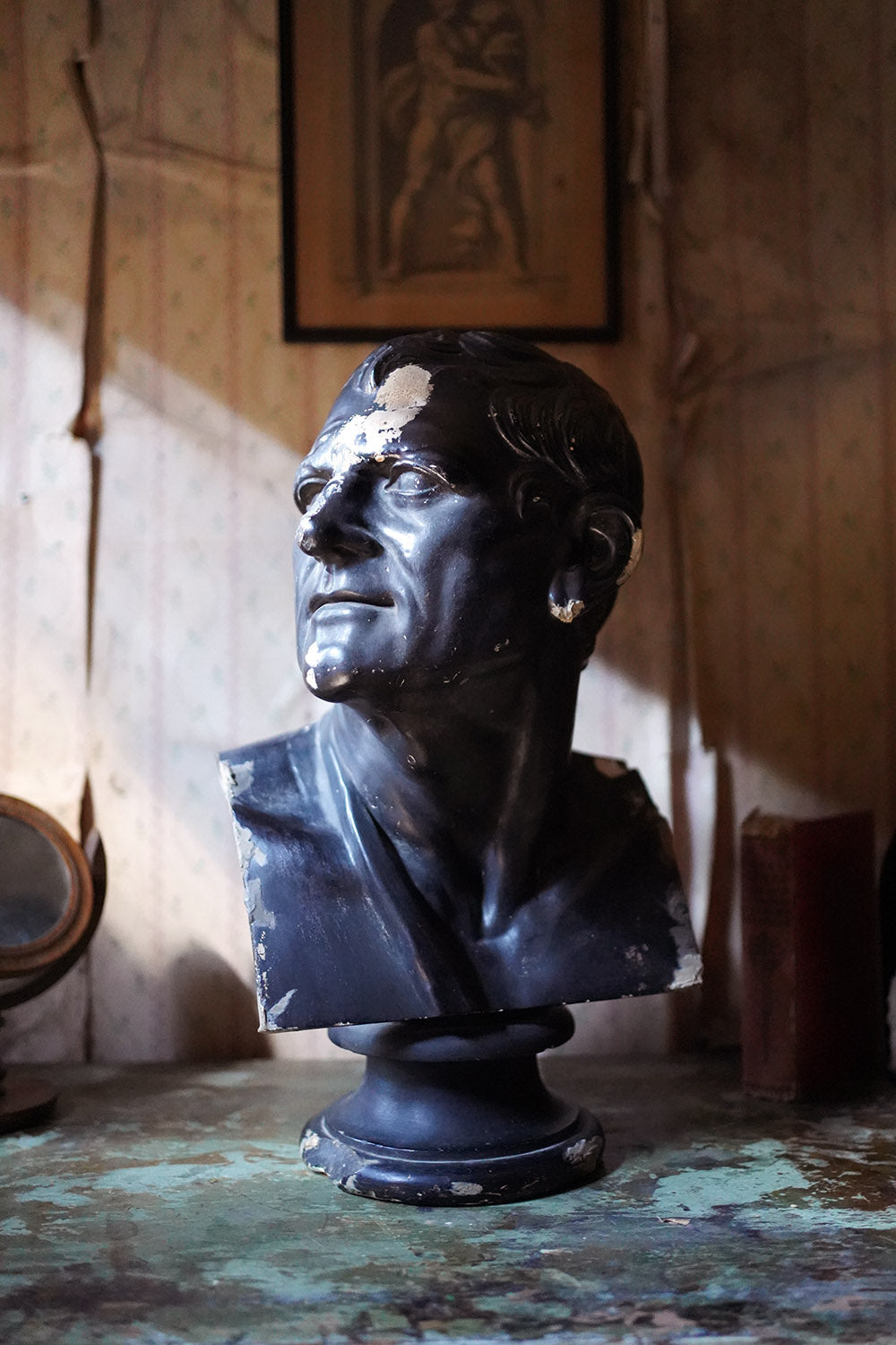 A 19thC Black Painted Plaster Library Bust of Demosthenes; Wormington Grange