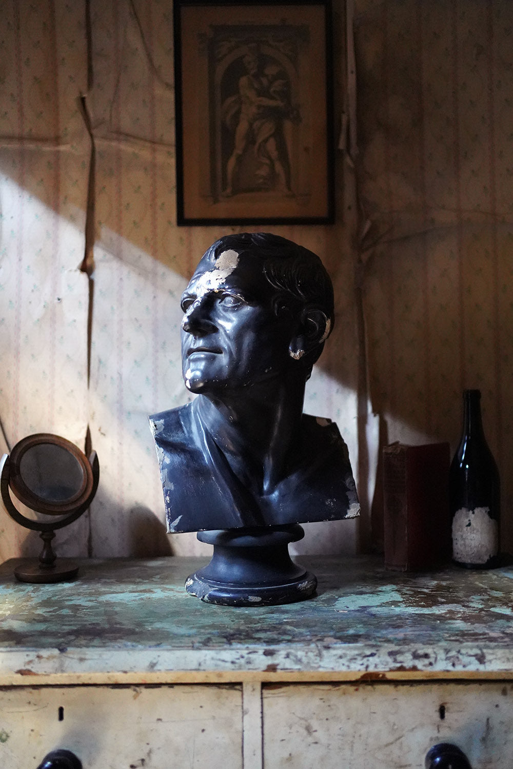 A 19thC Black Painted Plaster Library Bust of Demosthenes; Wormington Grange