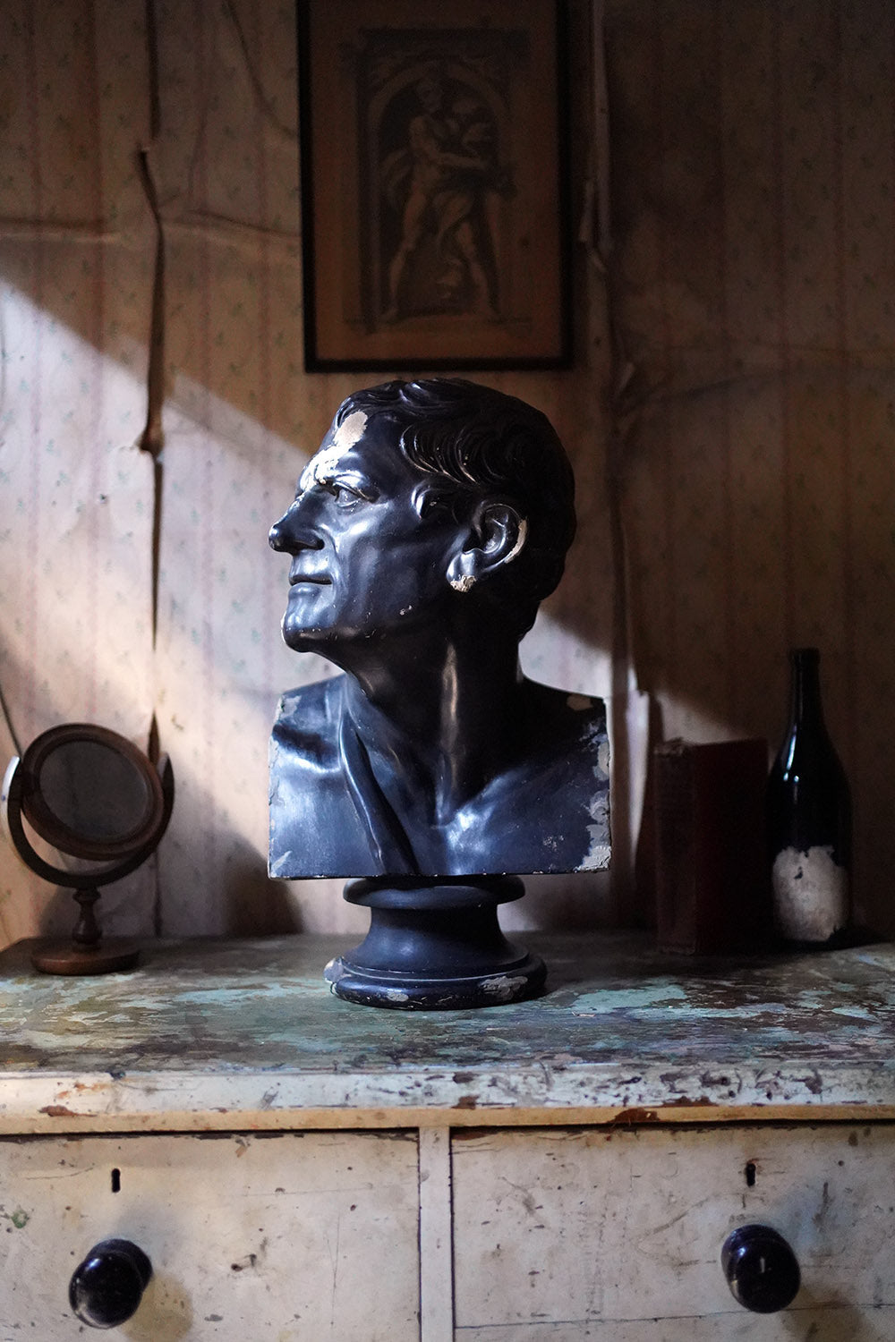 A 19thC Black Painted Plaster Library Bust of Demosthenes; Wormington Grange