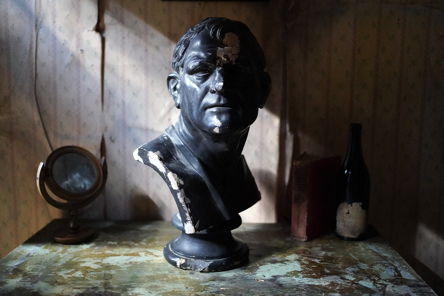 A 19thC Black Painted Plaster Library Bust of Demosthenes; Wormington Grange
