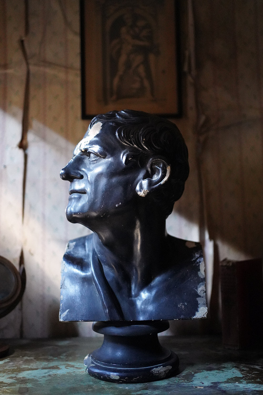 A 19thC Black Painted Plaster Library Bust of Demosthenes; Wormington Grange
