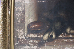 A Charming c.1880 English School Oil on Canvas of a Dog in a Kennel