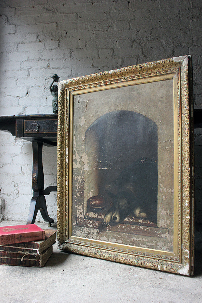A Charming c.1880 English School Oil on Canvas of a Dog in a Kennel