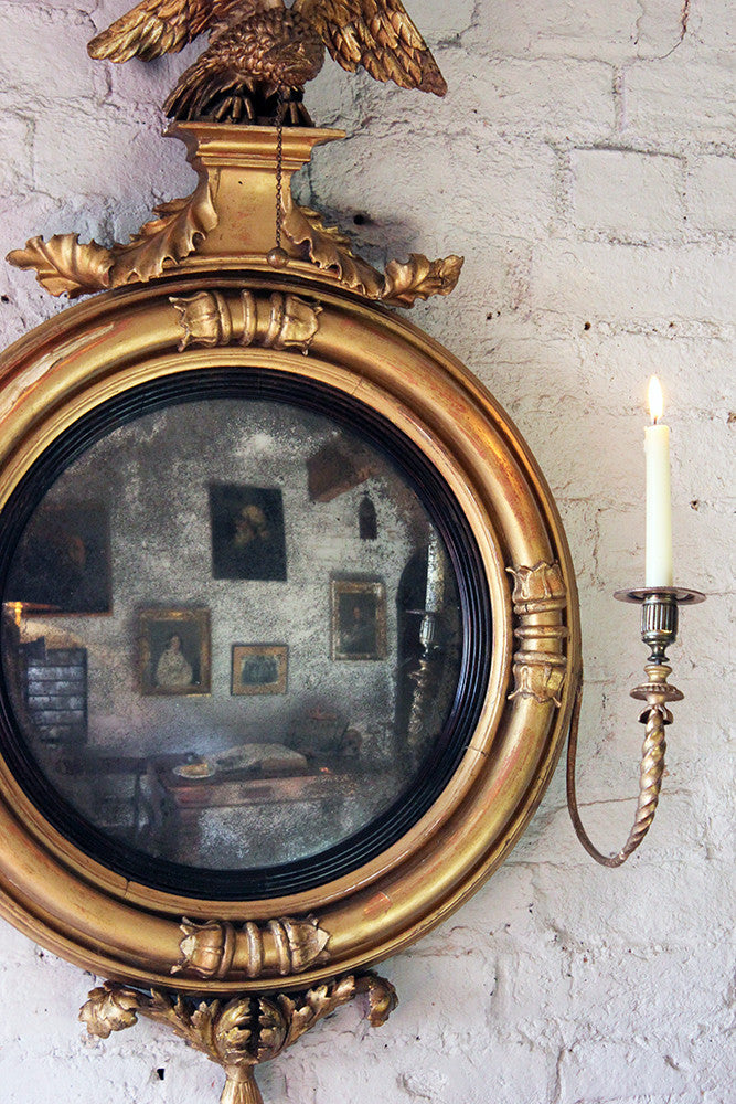 A Good Regency Giltwood & Gesso Girandole Convex Mirror Surmounted by an Eagle c.1815
