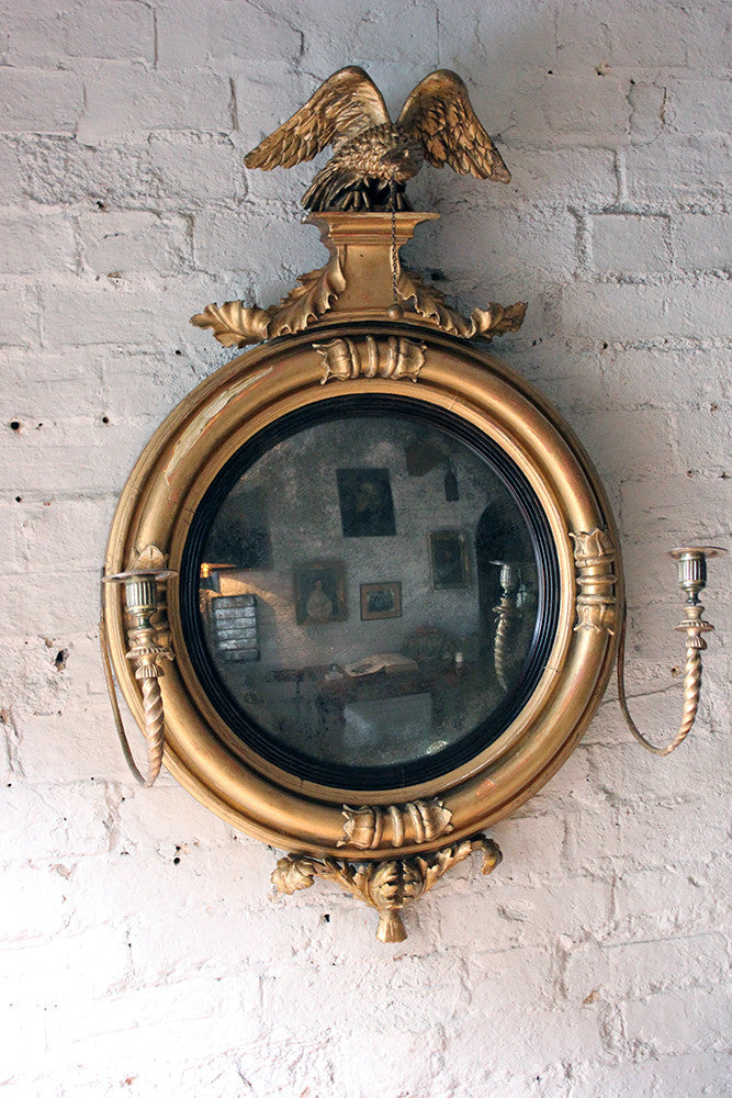 A Good Regency Giltwood & Gesso Girandole Convex Mirror Surmounted by an Eagle c.1815